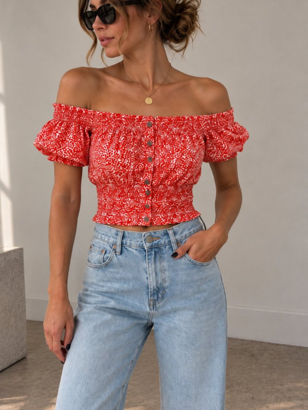 Monteau Red Floral Smocked Off-Shoulder Top - Size Small
